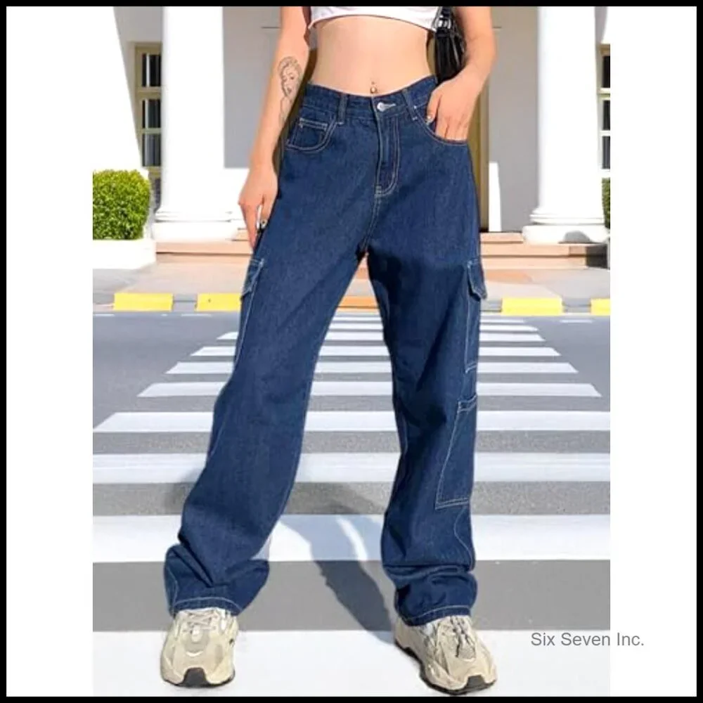High Waisted Cargo Jeans Y2K Straight Wide Leg Baggy Denim Pants